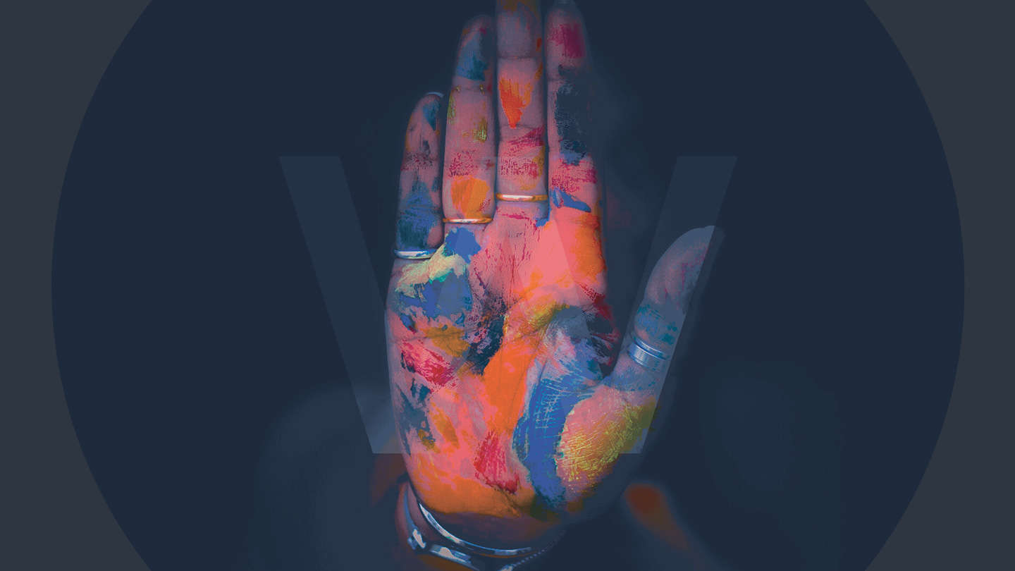 A transparent version of the Watb Logo with a multi coloured hand behind 