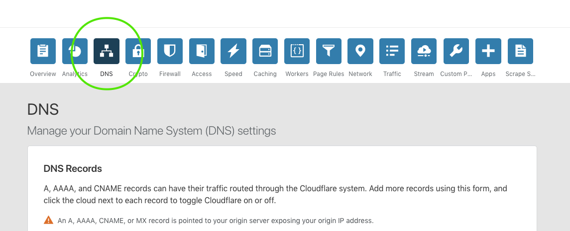 screenshot of cloudfares DNS page