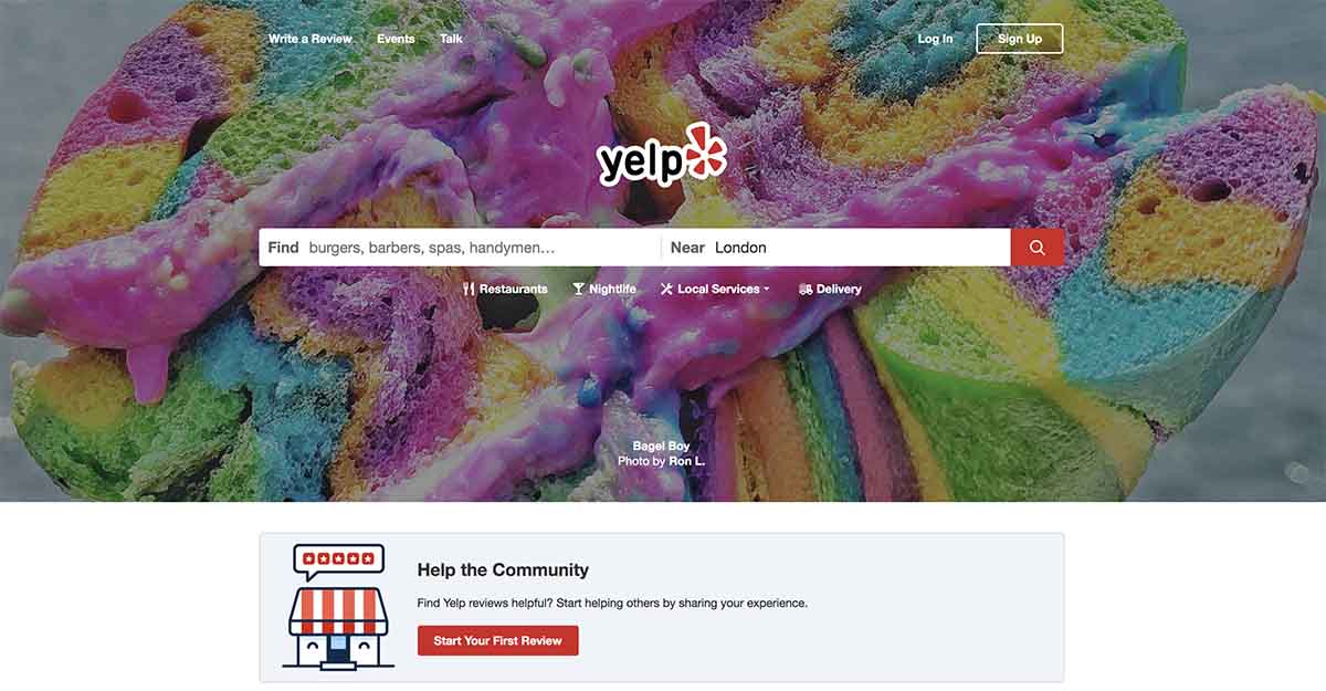 Screenshot of Yelp's homepage