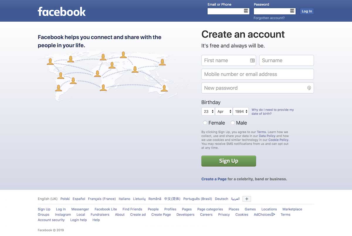 Screenshot of Facebook's homepage