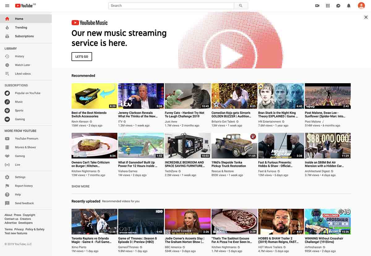 Screenshot of YouTube's homepage
