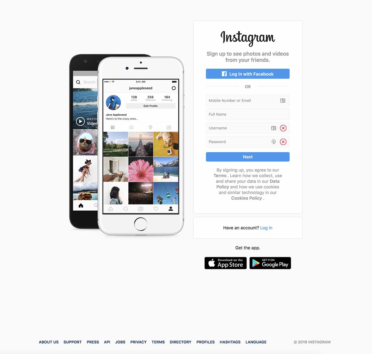 Screenshot of Instagram's desktop homepage