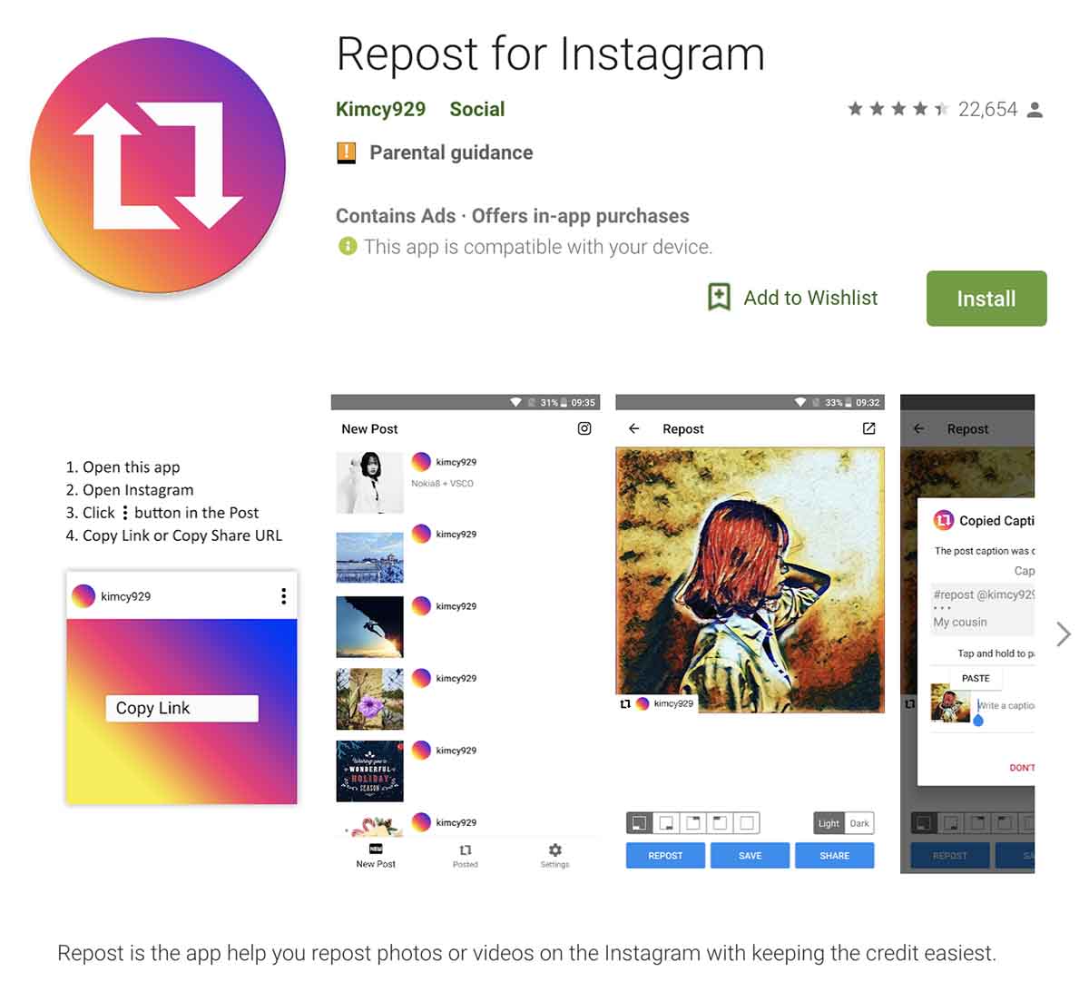 Screenshot of Repost for Instagram on the Google Play App store