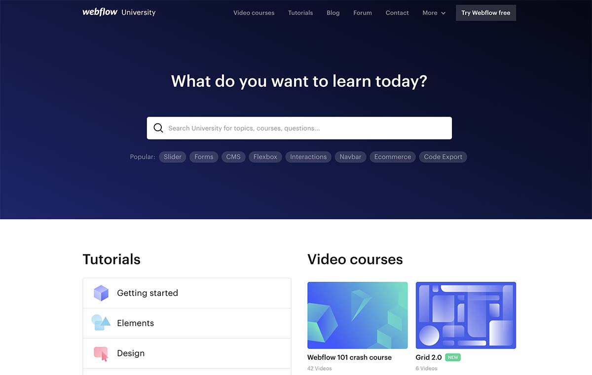 Screenshot of Webflow's University