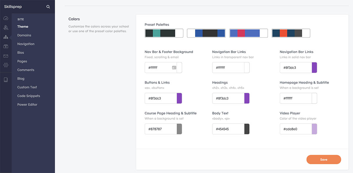Screenshot of Teachable's colour section