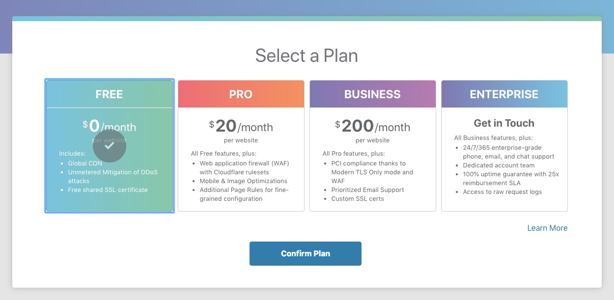 Screenshot of cloudfare website plans page